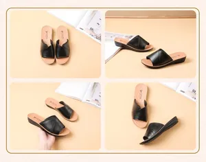 Detailed multi-angle collage of black genuine leather flat slides for women's casual wear