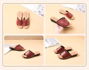 Detailed view of comfortable wine red genuine leather women's slippers from multiple angles