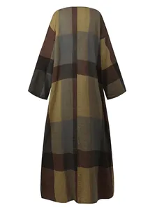 Vintage cotton linen maxi dress with loose fit and earth-tone plaid pattern for women