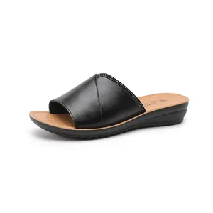 Elegant black leather slide sandals for women with a comfortable low wedge heel.