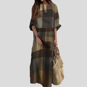 Bohemian loose cotton linen maxi dress with retro plaid print for women