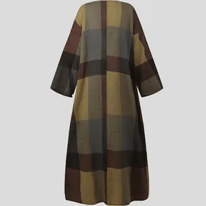 Retro vintage plaid cotton linen long maxi dress robe loose fit shown from back view
