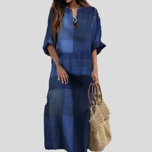 Vintage ethnic style blue plaid print linen maxi dress with long sleeves for women