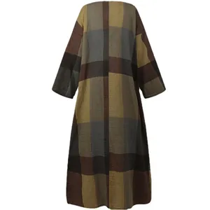 Vintage plaid cotton linen maxi dress featuring a loose fit and long sleeves for women