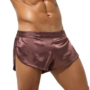 Sexy men's silky brown satin boxer shorts with side slits for lounge and sleepwear