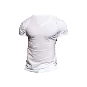 Detail view of men's plain white V-neck outdoor sports T-shirt with quick-dry fabric