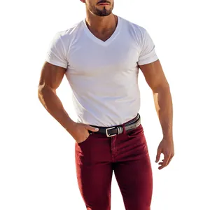 Athletic male model wearing a white V-neck quick-dry T-shirt and stylish maroon pants