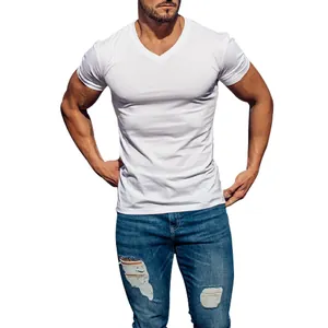 Close-up detail of men's athletic fit white V-neck T-shirt in breathable fabric