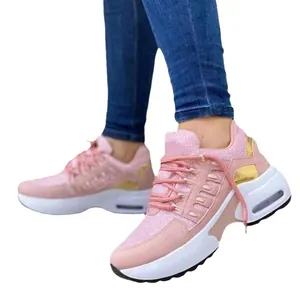 Modische rosa Damen-Glitzer-Sneakers mit Keilabsatz, atmungsaktivem Mesh und Schnürung