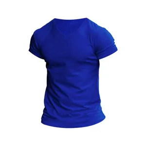 Detail view of the royal blue V-neck quick-dry athletic T-shirt for men outdoor workout