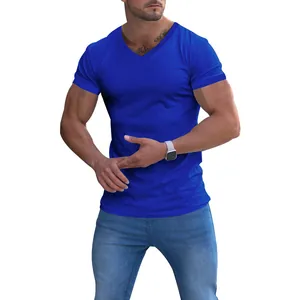 Athletic fit men's bright blue V-neck T-shirt with breathable quick-dry fabrics