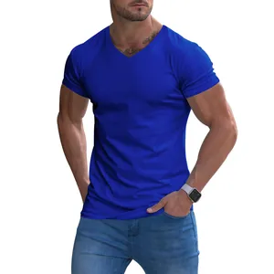 Detailed view of a vibrant blue breathable quick-dry V-neck sports T-shirt for men