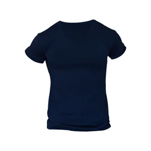 Detailed view of navy blue men's V-neck athletic T-shirt with quick-dry breathable fabric