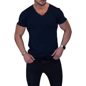 Detail view showing the fit and V-neck design of a navy blue men's athletic T-shirt