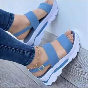 Sandales compensées bleu clair élégantes avec bride de cheville réglable pour femme