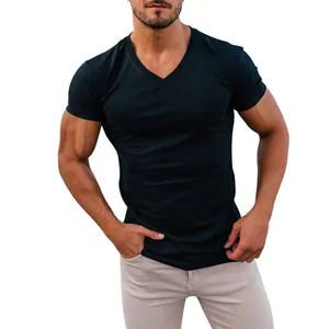 Detailed view of black slim fit V-neck short sleeve T-shirt for men's outdoor casual wear.