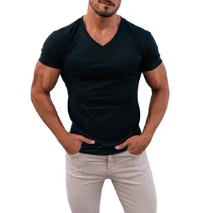 Front detail of a slim-fit black V-neck t-shirt highlighting the athletic silhouette