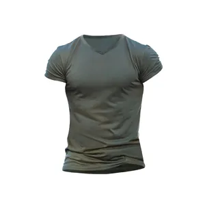 Detailed close-up view of olive green quick-dry breathable V-neck t-shirt for men