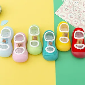 Breathable knit baby walking socks with soft anti-slip rubber soles in vibrant colors