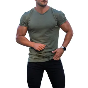 Macro view of olive green V-neck outdoor T-shirt showing breathable fabric texture