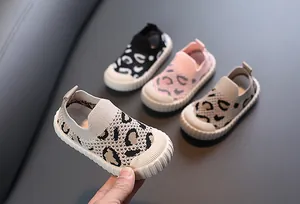 Detailed view of breathable leopard print baby walking shoes with flexible soft soles