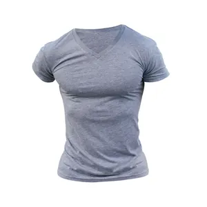 Close-up of men's grey V-neck quick-dry breathable short-sleeve outdoor athletic t-shirt