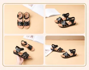 Collage de sandalias de cuero negro con pedrería y correas ajustables cómodas.