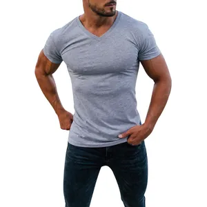 Slim fit men's grey V-neck T-shirt shown on a muscular model for an athletic look.
