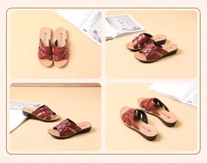Vistas detalladas multiángulo de pantuflas de cuero genuino con suela blanda antideslizante