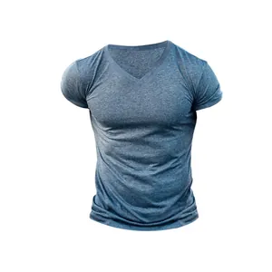 Close-up detail of men's quick-dry V-neck T-shirt in a blue heather breathable fabric