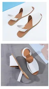 Detailed close-up view of white flat sandals with peep-toe design and back strap.