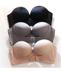 High-quality detail of strapless front clasp invisible bras in three neutral colors