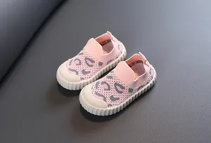 Comfortable pink mesh leopard print baby walking shoes with soft anti-slip rubber soles