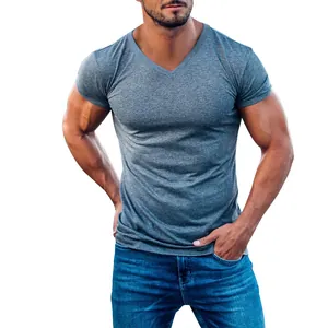 Close-up of a men's athletic fit gray V-neck T-shirt made of quick-dry fabric.