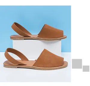 Detailed side view of brown faux leather flat sandals with peep toe and ankle strap
