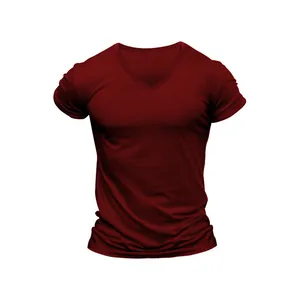 Close-up of men's slim fit V-neck t-shirt in dark red quick-dry fabric