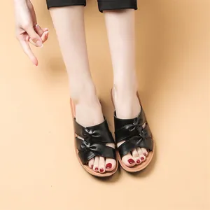 Elegantes sandalias de cuero genuino negro para mujer con lazos y suela suave antideslizante