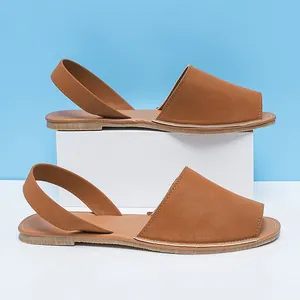 Classic brown leather flat Avarca style sandals with peep toe and slingback strap for women