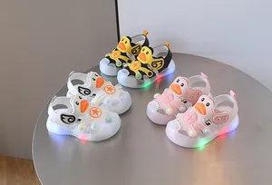 Toddler LED sandals with anti-kick closed toe and cartoon duck design in three colors
