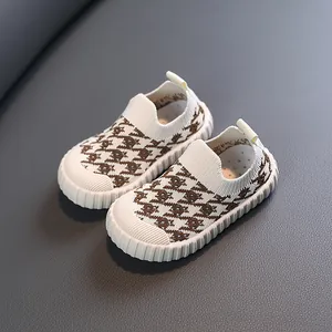 Stylish houndstooth children's breathable mesh sneakers with soft ribbed soles