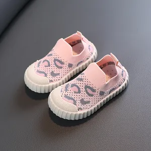 Pink leopard print breathable mesh toddler walking shoes with soft anti-slip soles