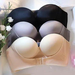 Women's Strapless Front Buckle Push Up Bra Invisible Seamless Brassiere For Large Cup DEF Adjustable Support Underwear Top