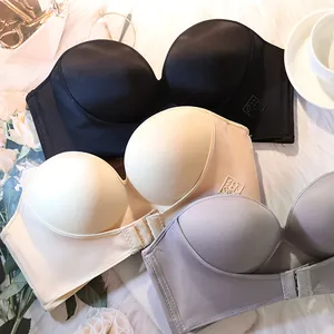 Seamless strapless push up bra with front buckle closure for large cup sizes in multiple colors