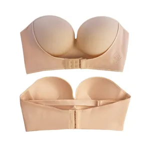 Nude strapless bandeau bra featuring a front buckle and breathable seamless cups