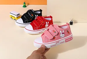 Adorable cartoon bunny and carrot print kids canvas sneakers with easy velcro straps