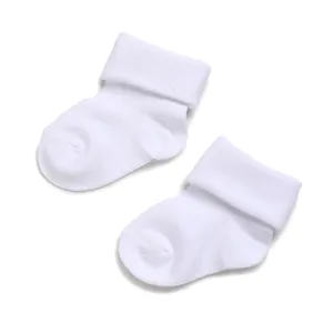 Close-up detail of soft breathable white mesh cotton baby socks for newborn infants
