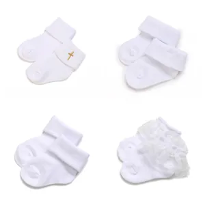 Soft Cotton Baby Socks And Beanie Hat Set For Baptism Christening White Lace Embroidery Cross Baby Accessories For Newborn