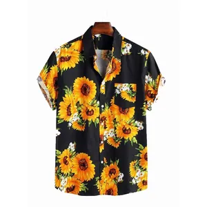 Vintage men's Hawaiian short sleeve shirt with a vibrant sunflower digital print