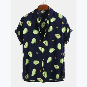Detailansicht Herren Kurzarmhemd Dunkelblau mit Avocado-Muster für den Strand