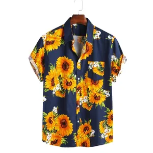Men's navy blue short sleeve sunflower print Hawaiian shirt with retro lapel collar